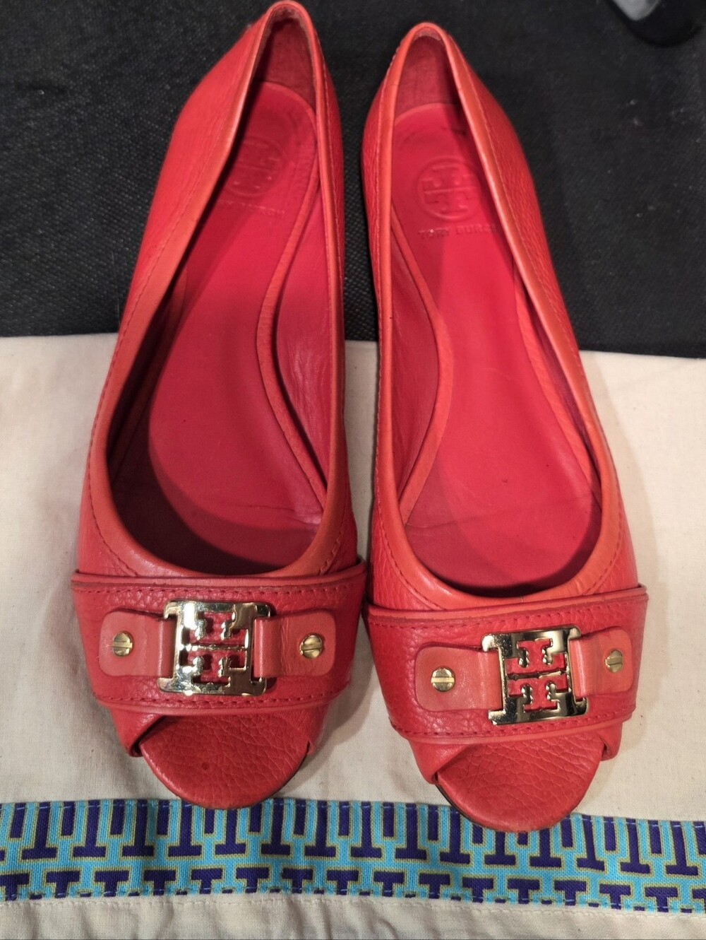 Tory Burch CLINE Poppy Red  Peep-Toe Pebbled Leather Ballet Flats Sz 8.5